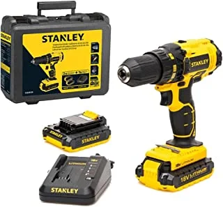 STANLEY Cordless Drill Driver with Kitbox, 18V 1.5Ah 2 x Li-Ion Battery, 13mm, Yellow - SCD20S2K-B5