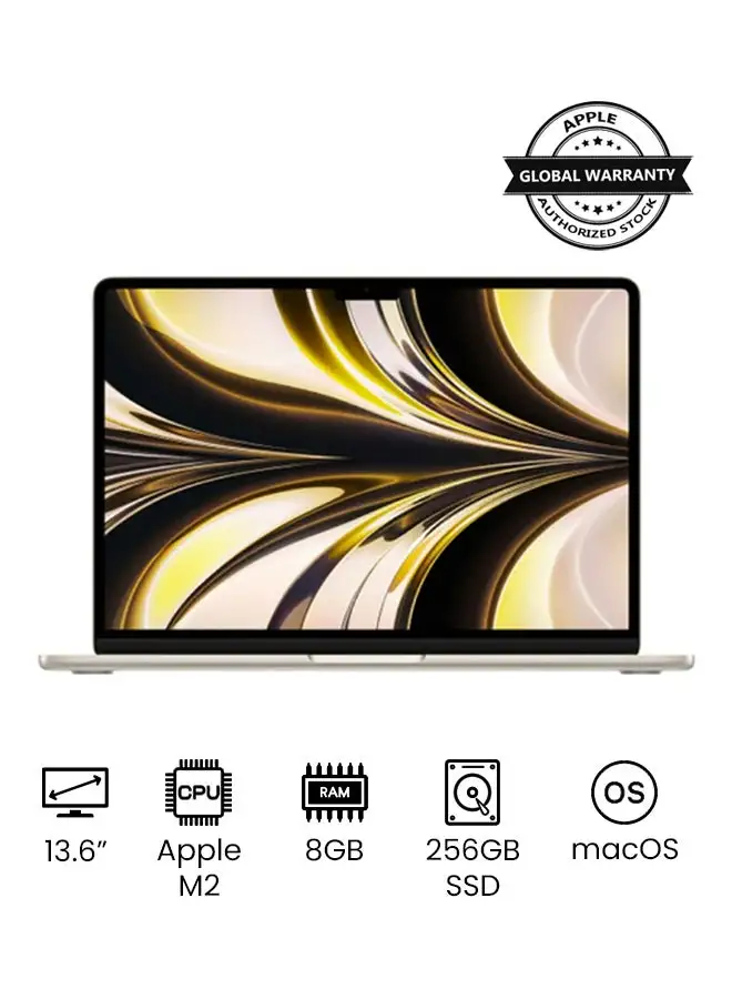 Apple MacBook Air MLY13 13-Inch Display: Apple M2 chip with 8-core CPU and 8-core GPU, 256GB SSD, English Arabic Keyboard Starlight