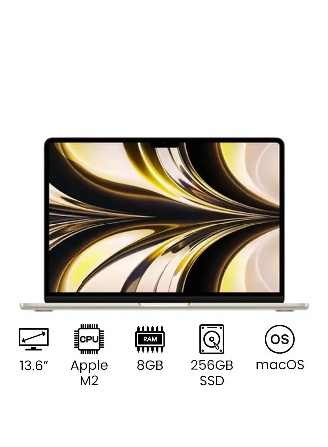 شاشة Apple MacBook Air مقاس 13.6 بوصة وشريحة Apple M2 مع وحدة معالجة مركزية ثماني النواة ووحدة معالجة رسومات ثماني النواة وذاكرة وصول عشوائي (SSD) بسعة 256 جيجابايت / وبطاقة رسومات إنتل فائقة الوضوح (UHD) إنجليزي / عربي ستارلايت