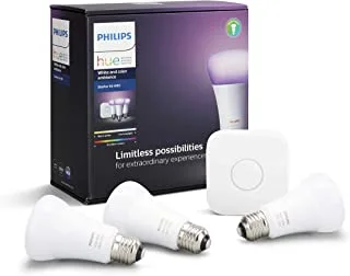 إضاءة LED ذكية باللون الأبيض واللون من Philips Hue - مجموعة المبتدئين (3 مصابيح وجسر)، متوافقة مع Bluetooth وZigbee، تعمل مع Apple Homekit وSiri وAlexa وGoogle Assistant وغيرها الكثير