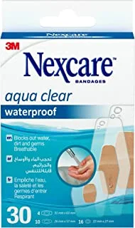 Nexcare Absolute Waterproof Bandages/plasters Assorted sizes, 30 units/pack | Latex-free | Clear, comfortable design | 360-degree seal | Holds up to 12 hours | Waterproof