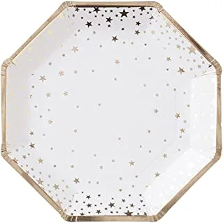 Ginger Ray Metallic Magic Star Foiled Paper Plates 8-Pieces, 30 cm Size, White/Gold