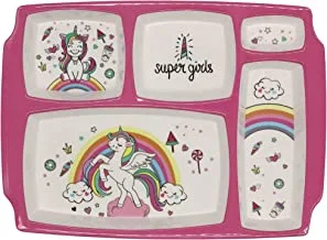 Servewell Melamine Kids Rectangular 5 Partition Plate Unicorn Design | 31 x 23 cm, Multicolor, SRVL40203