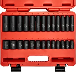 NEIKO 02433A 3/8” Drive Standard and Deep Metric Impact Socket Set | 26 Pieces | Metric 7mm to 19mm | Premium Cr-V Steel | 6-Point Hex Design | Corrosion Resistant Black Phosphate Coating