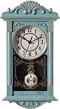 Clockswise Vintage Grandfather Wood-Looking Plastic Pendulum Decorative Battery-Operated Wall Clock, for Office, Home Decor, Living Room, Kitchen, or Dining Room, Blue with Gold Distressed Design