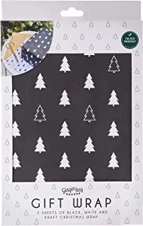 Ginger Ray Eco Christmas Tree Gift Wrap Sheets 3-Pieces, Black/White