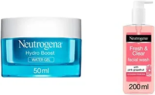 Neutrogena Face Moisturizer Water Gel, Hydro Boost, Normal to Combination Skin, 50ml & Fresh & Clear Facial Wash, Pink Grapefruit & Vitamin C, 200ml