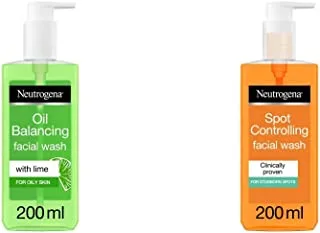 Neutrogena, Oil Balancing Facial Wash, Lime, For Oily Skin, 200ml & Spot Controlling Oil-free Facial Wash, 200ml
