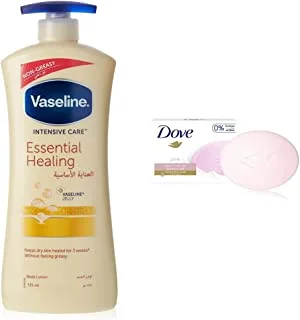 Vaseline Body Lotion Essential Healing, 725Ml & Dove Moisturising Beauty Cream Bar Soap Pink, 135G (4 Pack)