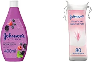 JOHNSON’S Body Wash - Vita-Rich, Replenishing Shower Gel, Raspberry Extract, 400ml & Pure Cotton Pads, Pack Of 80 Round Pads