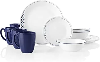 Corelle 3680 16-Piece Dinnerware Set Service For 4, Chip Resistant, Glass, Fusion Cobalt, Vitrelle, White And Blue