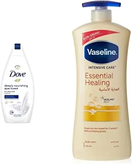 Dove Body Wash Deeply Nourishing, 500Ml & Vaseline Body Lotion Essential Healing, 725Ml