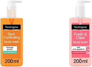 Neutrogena, Spot Controlling Oil-free Facial Wash, 200ml & Fresh & Clear Facial Wash, Pink Grapefruit & Vitamin C, 200ml