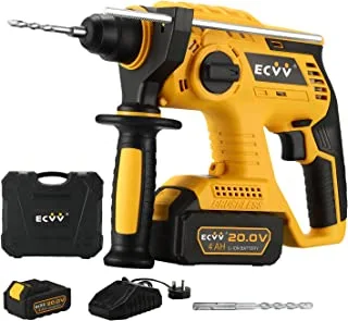 ECVV Rotary Hammer 20V Cordless Brushless Hammer Drill Kit Includes 1 x 4Ah Battery with SDS-Plus Chuck, 4 Modes, Safety Clutch, 360°Rotating Auxiliary Handle for Concrete, Metal & Wood Drilling