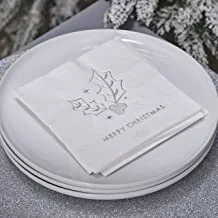 Ginger Ray Merry Christmas Holly Cocktail Napkins 16-Pieces, 12.5 cm Length, White/Silver