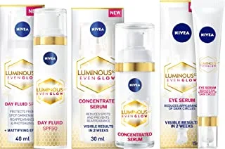 NIVEA LUMINOUS 630 EVEN GLOW Day routine bundle: Anti Dark Spot Concentrated Face Serum, 30ml + Anti Dark Circles & Puffy Eyes Serum, 15ml + Face Fluid SPF 50, UVA & UVB Sun Protection, 40ml