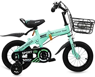 Mountain Gear Foldable Kids Bike Bike Bicycle With Hand Brake, Tools, Carrier Seat And Basket, Boys & Grils, Green, 12 Inch