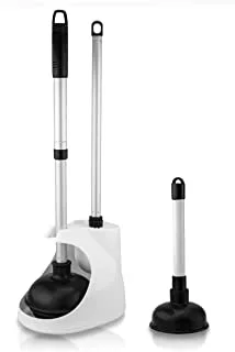 Neiko 60168A Toilet Plunger Set | 4 Piece | Bonus Mini Sink And Drain Plunger, Brush And Caddy | Compact | Patented All-Angle Design | Telescopic Aluminum Handle, Black