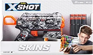 X-shot excel skins flux game over, fire distances of up to 27m / 90 feet, 8x air pocket technology foam darts with 2 darts storage