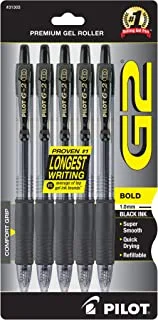 Pilot G2 Retractable Premium Gel Ink Roller Ball Pens, Bold Point, 5-Pack, Black Ink (31303)