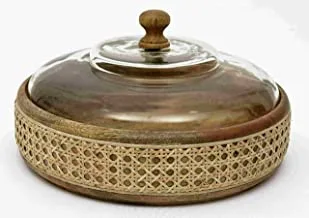 Wooden bowl with glass and rattan cover 1308