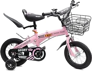Mountain Gear Foldable Kids Bike Bike Bicycle With Hand Brake, Tools, Carrier Seat And Basket, Grils, Pink, 12 Inch