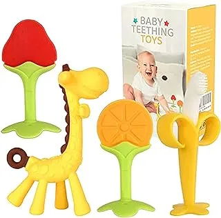 Showay baby teething toys for newborn (4-pack) freezer safe bpa free infant and toddler silicone banana toothbrushes fruit giraffe teethers soothe babies gums set with storage case