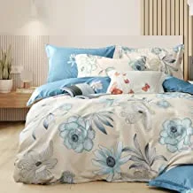 DONETELLA Reversible Bedding Comforter Set, All Season, 4 Pcs Single Size, Printed Comforter Sets for Double Bed, With Super-Soft Down Alternative Filling (Single, Ivory/Blue) (طقم لحاف سرير)