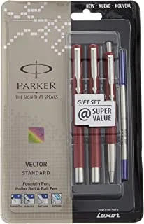 Parker Vector Standard Fountain Pen, Roller Ball Pen and Ball Pen (Red)