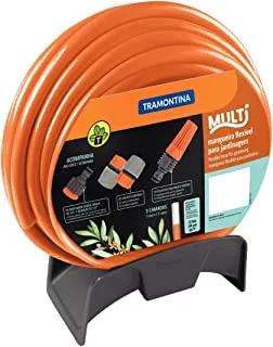 Tramontina 25m 1/2-inch Diameter Flex Garden Hose in Orange with 3-Layers PVC Fiber and Braided Polyester Cord with Quick Connectors, Sprayer and Wall Rack up to 35m Hose Capacity
