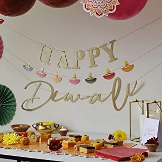 Ginger Ray Happy Diwali Gold Paper Garland Bunting Decoration, 15cm