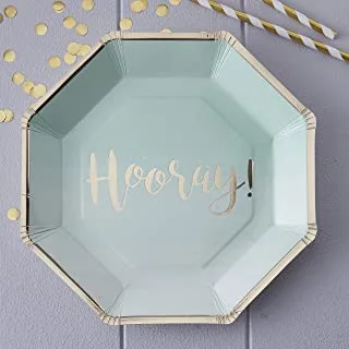 Ginger Ray Foiled Hooray Paper Plate 8-Pieces Pack, Mint Green/Gold