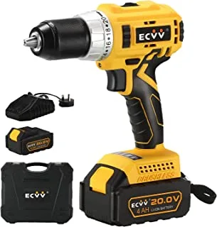 ECVV Cordless Drill Driver Kit 80Nm Torque with 1 Packs 4.0Ah Li-ion Batteries & Fast Charger 20V Brushless Driver 2-Variable Speed with 13mm Metal Chuck for Fastening and Drilling