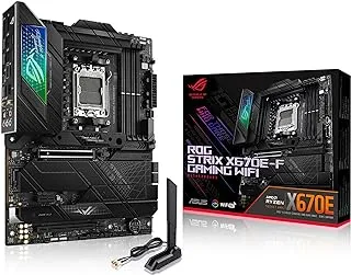 ASUS ROG Strix X670E-F Gaming WiFi AMD Ryzen™ AM5 ATX motherboard, 18+2 power stages, DDR5 support, four M.2 slots with heatsinks, PCIe® 5.0, USB 3.2 Gen 2x2, WiFi 6E, AI Cooling II, and Aura Sync