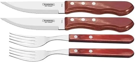 Tramontina Churrasco 4 Piece Red BBQ Fork and Knife set | Red Jumbo Serrated edge Knives & Forks set.