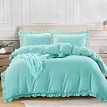 Donetella Designer Collection 3 Pcs Ruffled Duvet Set Queen Size Super-soft Vintage Ruffle Fringe Comforter Cover Without Filler, Solid Color with Hidden Zipper and Corner Ties, Baby Blue