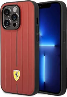 جراب Ferrari جلد بخطوط منقوشة وشعار Yellow Shield لهاتف iPhone 14 Pro Max (6.7 بوصة) - أحمر
