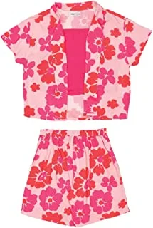 AIKO-Girls Rayon Pink Floral Pattern Crop Top, Jacket and Shorts Set-3-4Y