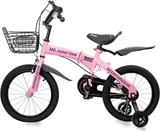 Mountain Gear Foldable Kids Bike Bicycle With Hand Brake, Tools, Carrier Seat And Basket, Grils, Pink, 16 Inch