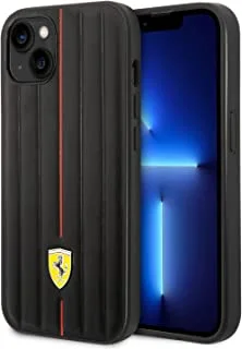 Ferrari Leather Case With Embossed Stripes & Yellow Shield Logo Compatible with iPhone 14 - Black