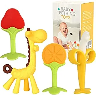 KASTWAVE Teething Toys for Newborn (4-Pack) Freezer Safe BPA Free and Toddler Silicone Banana Toothbrushes Fruit Giraffe Teethers Soothe Babies Gums Set with Storage Case