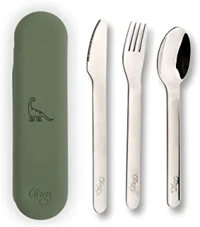 Citron- Stainless Steel Cutlery Set 3 pc Silverware Fork, Spoon and Knife, Reusable Travel Utensils & Flatware Set for Kids- Dino-Green