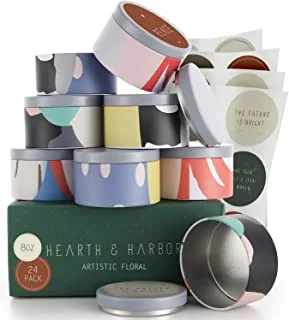 Hearth & Harbor Tin Candle Jars for Making Candles - DIY Candle Containers with Lids - Metal Candle Jars - Bulk Tins Storage for Candle - (24 Pieces) -  (8 Ounces) - Artistic Floral