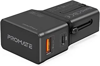 Promate Travel Adapter, All-In-One International Travel Power Charger with 20W Fast USB-C™ Charging Port, Qualcomm QC 3.0 and Smart Surge Safety for USA, EU, UK, AUS, Cellphones, TriPlug-PD20-BLACK