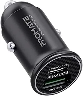 Promate 60W USB-C Car Charger, Super-Fast Type-C Power Delivery Car Charger with 18W Quick Charge 3.0 USB Port, Aluminum Alloy and Over Charging Protection for MacBook, Laptops, iPhone,GPS,Bullet-PD60
