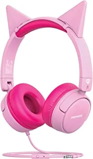 Promate Wired Kids Headphones,Premium Detachable Cat Ear Kids Headset with Mic, 85dB to 95dB Sound Control,AUX Share Port and Soft Pads,for Smartphones,Laptops,Mp3 Player,Jewel-BubbleGum
