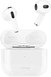 Promate True Wireless Earbuds, High Fidelity In-Ear Bluetooth v5.0 Earphones with Built-in Mic, 25H Playback Time, Touch Controls, Auto Pairing and Wireless Charging Case, FreePods-2 White