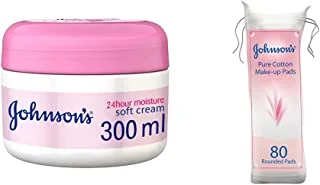 JOHNSON’S Body Cream, 24 HOUR Moisture, Soft, 300ml & Pure Cotton Pads, Pack Of 80 Round Pads