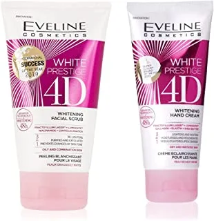 Eveline White Prestige 4D Whitening Facial Surub, 150Ml & White Prestige 4D Whitening Hand Cream With Shea Butter, Collagen And Elastin 100Ml