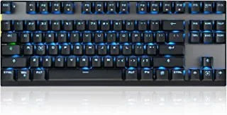 Motospeed 2.4 جيجا هرتز لوحة مفاتيح الألعاب الميكانيكية السلكية / اللاسلكية بإضاءة خلفية زرقاء / بطارية متينة ، لوحة مفاتيح Type-C للألعاب / لوحة مفاتيح الطباعة لأجهزة Mac / الكمبيوتر الشخصي / الكمبيوتر المحمول (أسود ، 87 مفتاحًا أزرق اللون)
